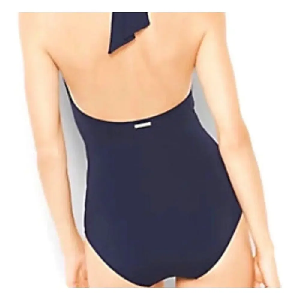 MICHAEL KORS Deep V-Twist Solid Navy One Piece Women's 20W